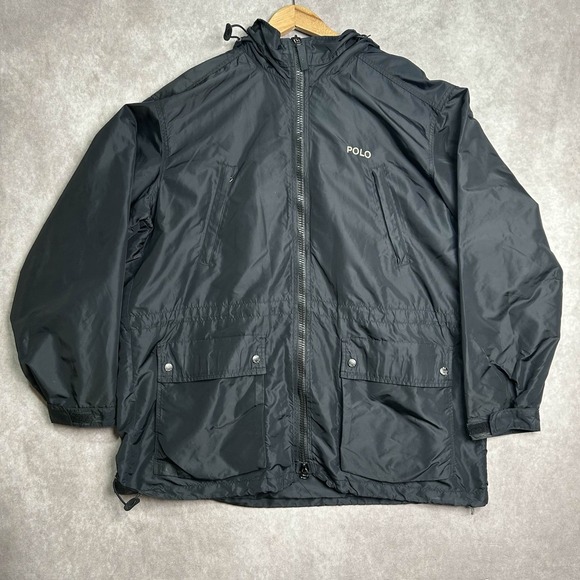 Vtg Polo Ralph Lauren Black Field Jacket Moto Utility Jacket Packable Hood Zip